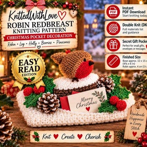 Pode incluir: Um padrão de decoração de Natal de bolso em tricô com um pisco-de-peito-ruivo castanho e vermelho sobre uma base branca com azevinho verde, bagas vermelhas e pinhas. Inclui texto: KnittedWithLove, Robin Redbreast, Easy Read Edition, Merry Christmas, Knit Create Cherish.