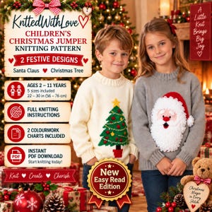 May include: A digital knitting pattern for children's Christmas jumpers featuring two designs: a cream sweater with a green Christmas tree and a grey sweater with a Santa Claus face. Includes instructions for ages 2-11 years, 56-76 cm.