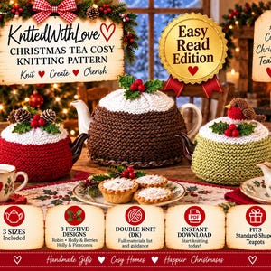 Modèle de tricot pour une housse de théière de Noël, 3 tailles, housse de théière festive Robin Holly (PDF)