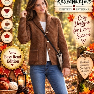 May include: A brown textured knit cardigan with a shawl collar and three buttons, worn over a white top and blue jeans. The image features text including KnittedWithLove, Knitting Patterns, Cosy Designs for Every Season, and New Easy Read Edition.