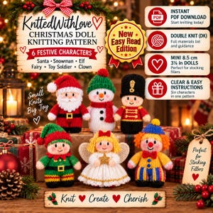 Peut inclure: Un patron de tricot numérique pour six poupées de Noël incluant le Père Noël, un bonhomme de neige, un elfe, une fée, un soldat et un clown. Le document présente du texte, des icônes et des images des personnages tricotés de 8,5 cm de haut.