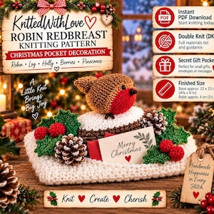 May include: A knitted Robin Redbreast Christmas pocket decoration pattern featuring a brown and red bird, green holly leaves, red berries, and pinecones on a white base. Includes text: KnittedWithLove, Robin Redbreast, Merry Christmas.