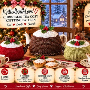 May include: Three knitted tea cozies in red, brown, and light green, each topped with festive decorations like holly, berries, and a robin. The image includes text for a Christmas tea cozy knitting pattern, featuring three sizes and designs.