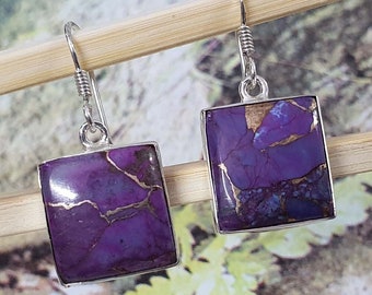 Purple Copper Turquoise Earrings for Women | Purple Mojave Turquoise Earring | Square Earrings | Purple Earrings | Statement Christmas Gift