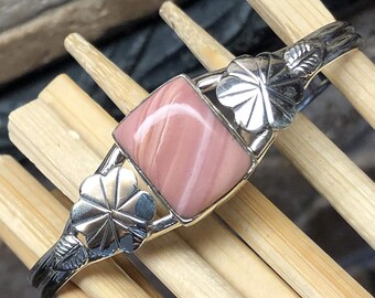 ハンドメイドスターリングシルバーフラワーピンクオパールブレスレット - 調節可能なカフバングル