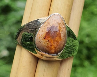 Mexican Fire Opal Mens Ring: 925 Sterling Silver Wide Dome Band, Engagement Ring for Men, Bold