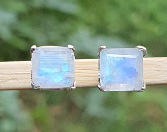 Square Cut Moonstone Stud Earrings for Women | Rainbow Moonstone Jewelry | 925 Sterling Silver Earring | Gift for Her | Square Stud Earrings