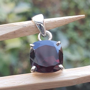 Puede incluir: Un colgante de plata con una piedra preciosa de color rojo oscuro. El colgante está sujeto por un par de palillos de madera.