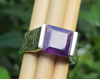 Wide Band Square Amethyst Ring Sterling Silver | Purple Amethyst Ring Men | Purple Stone | Engagement Ring | Amethyst Jewelry | Gift for Her