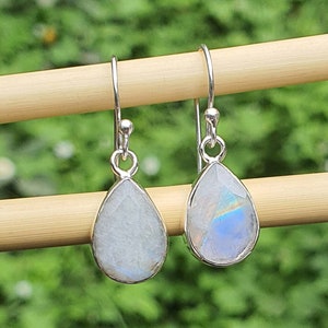 Moonstone Dangle Drop Earrings for Women | Rainbow Moonstone Jewelry | Sterling Silver | Teardrop Gemstone Earrings | Handmade Gift for Her