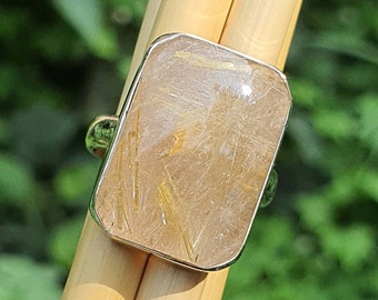 Gouden kwarts edelsteenring in 925 sterlingzilver | Gouden rutielring | Ring rutielkwarts | Rechthoekige ring | Statementring voor dames