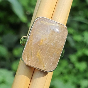 Gold Quartz Gemstone Ring in 925 Sterling Silver | Golden Rutilated Ring | Rutile Quartz Ring | Rectangle Ring | Statement Ring for Women
