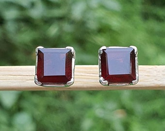 Square Cut Garnet Stud Earrings for Women | Sterling Silver Garnet Earrings | Delicate Earrings for Men | Red Garnet Jewelry | Gift for Her