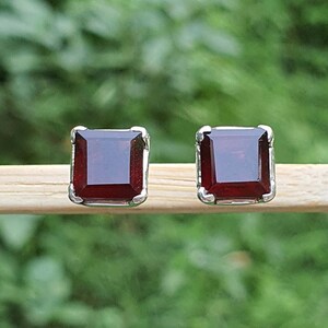 Square Cut Garnet Stud Earrings for Women Sterling Silver Garnet