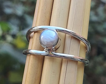 Double Band Adjustable Pearl Ring | Gold Plated | Sterling Silver Ring | Cultured Pearl Ring | Pearl Jewelry | Double Ring | Gift for Her