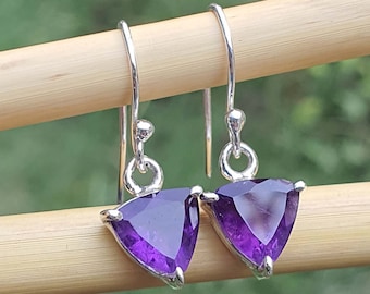 African Amethyst Earrings | February Birthstone Jewelry | Trillion Cut | Amethyst Chakra Jewelry | African Earrings | Silver Earrings Women
