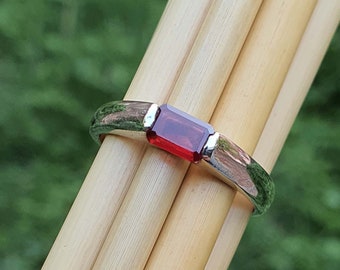 Emerald Cut Mens Garnet Ring, Red Garnet Rings, Sterling Silver, Wide Band, Gift