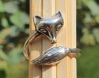 Bague réglable renard en argent sterling avec queue homme femme | Bague renard argenté | Bague Fuchs | Bijoux de renard en argent sterling pour elle | Bague animal