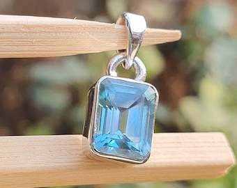 Emerald cut Genuine Blue Topaz Pendant for Men | Blue Topaz Jewelry | 925 Sterling Silver| December Birthstone