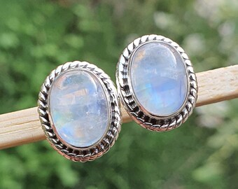 Rainbow Moonstone Stud Earrings for Women | Blue Moonstone | Healing Crystal | Sterling Silver | Boho Earrings | Vintage | Gift for Her Mom