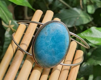 Natural Larimar Cuff Bangle Bracelet Sterling Silver | Larimar Bangle Bracelet for Women | Cuff Bracelets with Stones | Healing Crystal