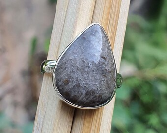 Grey Pear Shaped Fossil Coral Ring – 925 Sterling Silver, Handmade Jewelry, Fossilized Coral Jewellery