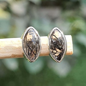 Marquise Rutilated Quartz Earrings | Sterling Silver Stud Earrings | Marquise Earrings | Black Rutile Quartz Jewelry | Handmade Stud Earring