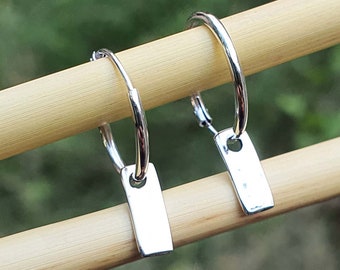 Bar Huggie Earrings for Women | Bar Hoop Earrings | Minimal Dangle Earrings | Bar Dangle Huggie Earrings | Bar Tag Silver Hoop Earrings Gift