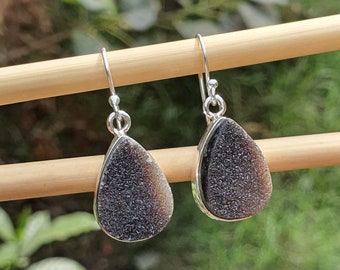 Black Druzy Earrings for Women | 925 Silver Earrings | Druzy Dangle Earrings | Black Earrings | Teardrop Earrings | Women's Earrings | Gifts