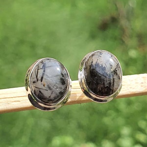 Rutilated Quartz Earrings | Silver Stud Earrings| Unisex Earrings| Black Rutilated Quartz Jewelry| Rutile Quartz Stud Earring | Gift for Her