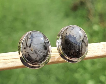 Oval Rutilated Quartz Stud Earrings: Sterling Silver Natural Black Rutile Jewelry, Gift for Her