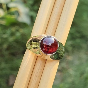 Round Cabochon Garnet Mens Ring in 925 Sterling Silver | Natural Garnet Ring | Wide Band | Boyfriend Gift | Birthday Gift | Round Stone Ring