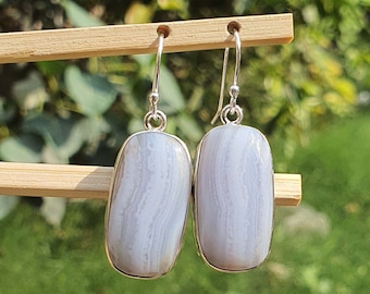 Pendientes de ágata azul natural de plata de ley 925 para mujer / Pendientes colgantes / Joyería hecha a mano / Pendientes de cristal de ágata azul de encaje