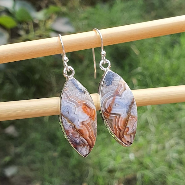 Crazy Lace Agate Earrings 925 Sterling Silver Marquise Laguna Lace Agate Earrings Handmade Earrings Gift For Her Mom Gift Wedding Jewelry