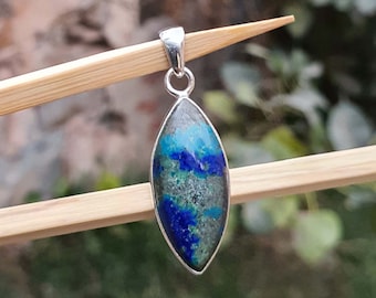 Malachite in Azurite Pendant | Marquise Pendant | Large Stone | Malachite Pendant | Azurite Jewelry | Sterling Silver| Men's Jewelry Pendant