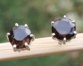 Natural Smoky Quartz Stud Earrings for Women | Sterling Silver Smoky Quartz Jewelry | Round Cut Smoky Studs | Tiny Minimalist Jewelry Gift