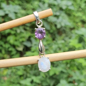 Moonstone Pendant with Purple Amethyst Gemstone | Amethyst Pendant | Sterling Silver | Women&#39;s Pendant | Two Birthstone | 2 Stone| Mom Gift
