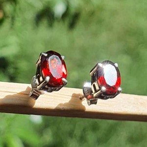Oval Garnet Stud Earrings for Women | Sterling Silver Earrings | Delicate Earrings for Men | Red Garnet Jewelry | Gift for Her | Oval Studs