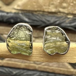 Moldavite Raw Stud Earrings in 925 Sterling Silver- Authentic Moldavite Rough, Rare Find, Green Meteorite, Czech Republic, Mother&#39;s Gift