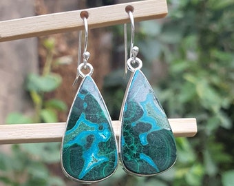 Malachite in Chrysocolla Earrings for Women | Malachite Earrings | Green Earrings | Sterling Silver | Dangle Earrings | Handmade Jewelry