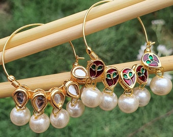 Kundan Hoop Earrings Meenakari Kundan Indian Large Hoop Jewellery Handmade Gold Plated Brass Earrings for Women Antique Gift for Her Mom