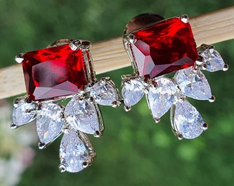 Rectangle Red Cubic Zirconia Stud Earrings, Silver Plated Brass, Gift for Her