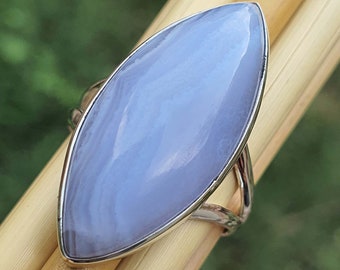 Marquise Blue Lace Agate Ring for Women | Sterling Silver Unisex Ring | Split Band | Handmade Ring | Marquise Ring | Agate Jewelry Gift