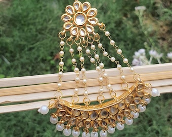 Jhumar Gold Plated Headpiece Passa- Punjabi Jewelry-Side Tikka-Indian Jewelry-Handmade Wedding Jewelry-Kundan Passa for Women-Trendy Passa