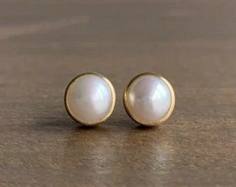 Pearl Stud Earrings Sterling Silver | Handmade Jewelry | Freshwater Pearl Earrings | White Stone Earrings | Round Stud Earrings | Mom Gift