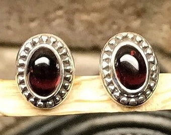 Sterling Silver Garnet Earrings by FemmesBijoux | Oval Cabochon Jewelry | Garnet Stud Earrings | Birthday Gift for Daughter | Mothers Gifts