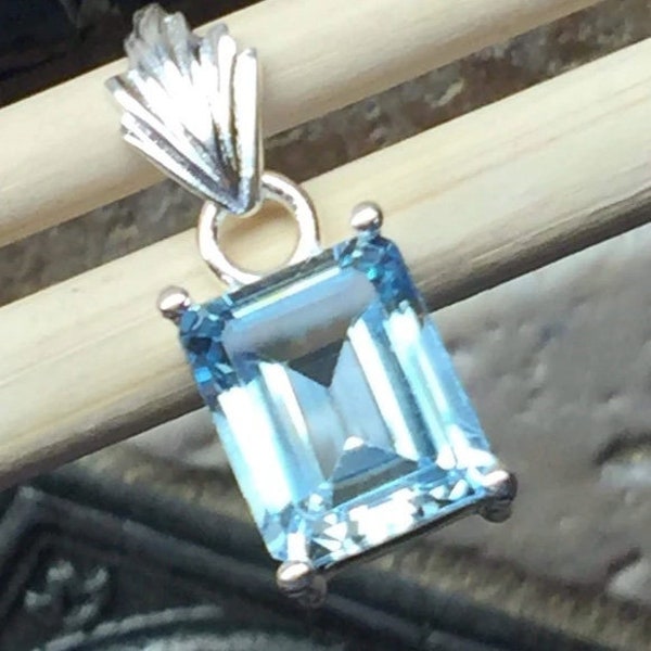 Emerald Cut Blue Topaz Pendant | Sterling Silver Pendant | Emerald Pendant | Blue Topaz Jewelry | Prong | Birthstone Jewelry | Gift for Him