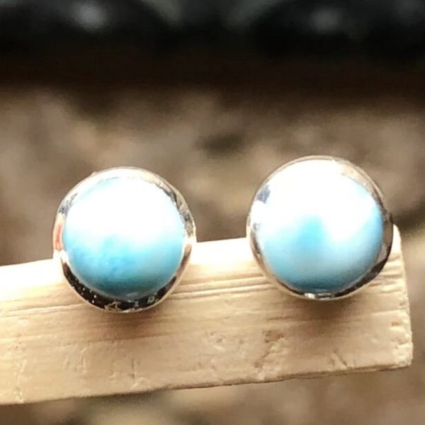 Larimar Stud Earrings for Men | Sterling Silver Stud | Larimar Earrings | Handmade Jewelry | Round Stud Earrings | Gift for Her Mother
