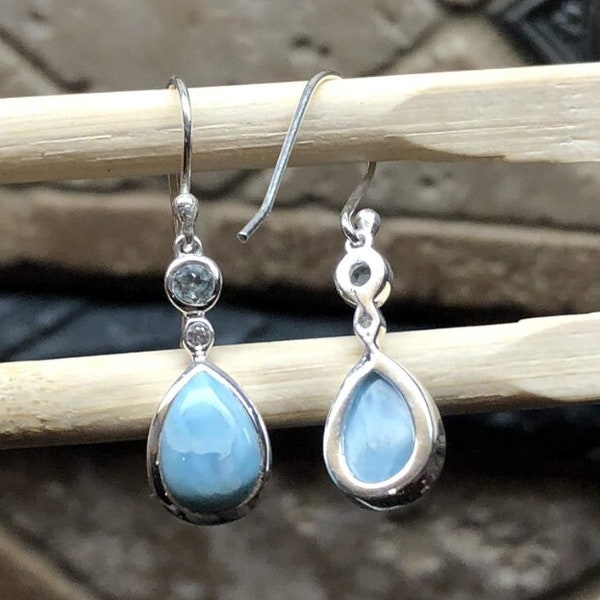 Genuine Larimar Teardrop Earrings with CZ- Sterling Silver Larimar Jewelry, Handmade, Three Stone, Blue Gemstone, Bridesmaid Gift for Her