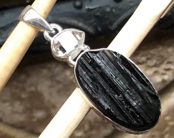 Tourmaline Pendant with Herkimer Diamond | Black Tourmaline Crystal | Raw Herkimer Diamond | Sterling Silver | Two Stone | Crystal Pendant
